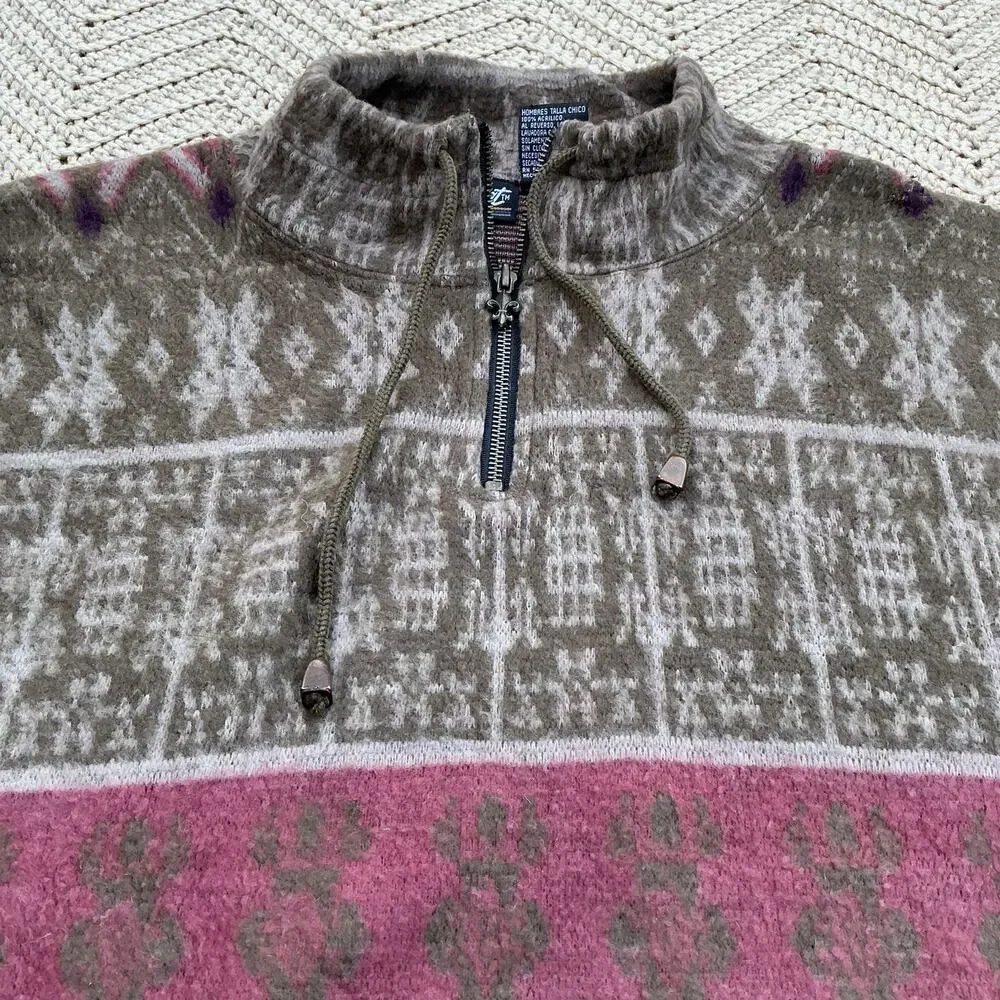 Vintage 90s Brown Fair Isle Quarter Zip Sweater Impact - Size Small‎